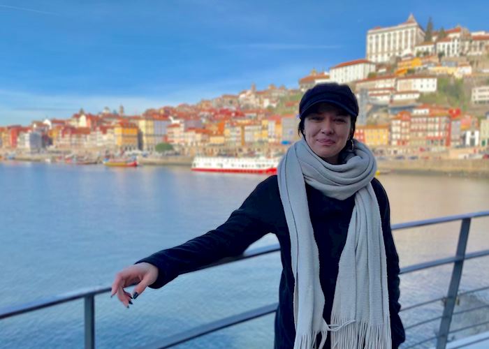 Sam next to the Douro River in Porto, Portugal