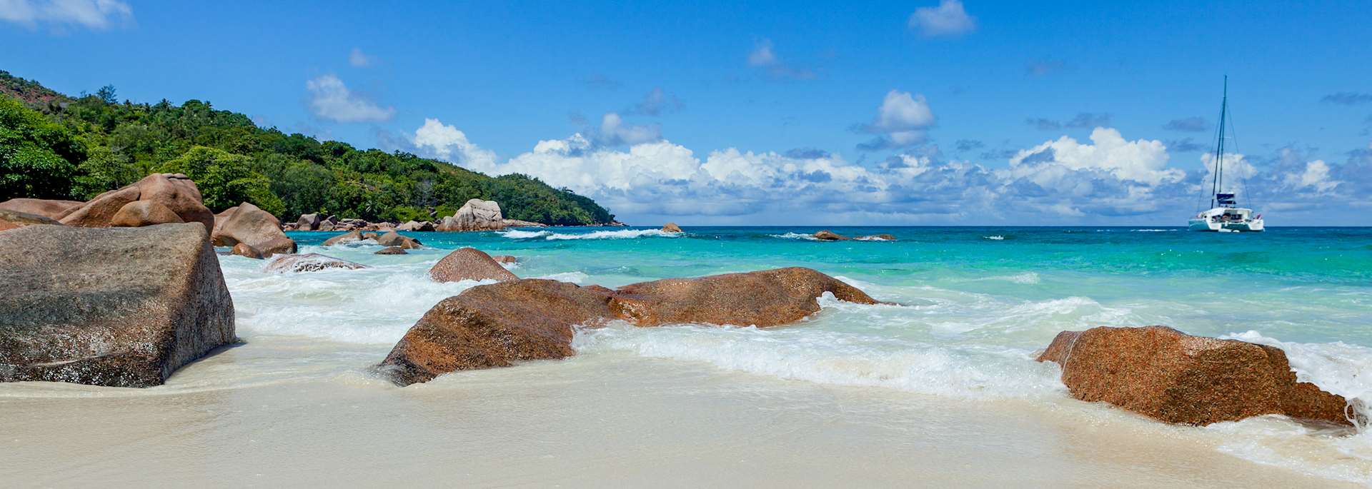 Catamaran sailing in the Seychelles