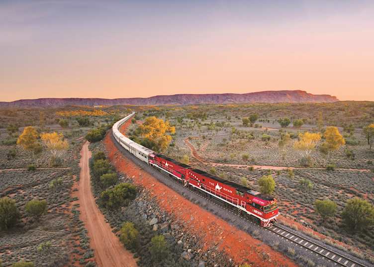 The Ghan crossing the MacDonnell Ranges