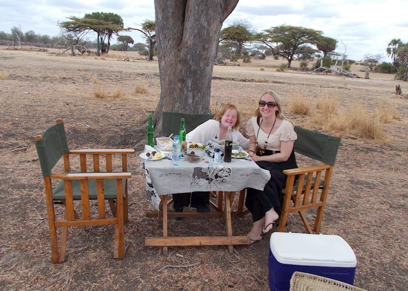 Hannah and Becky having lunch on safari