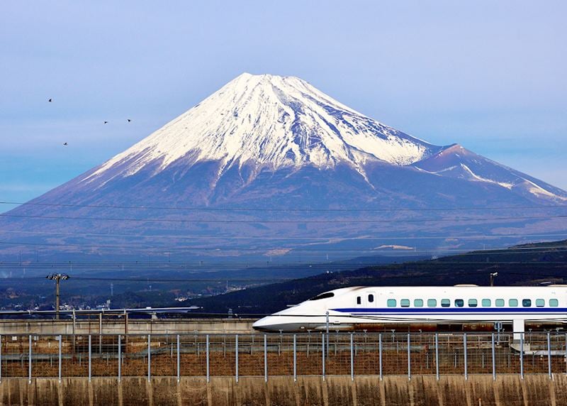Bullet train passing Mount Fuji