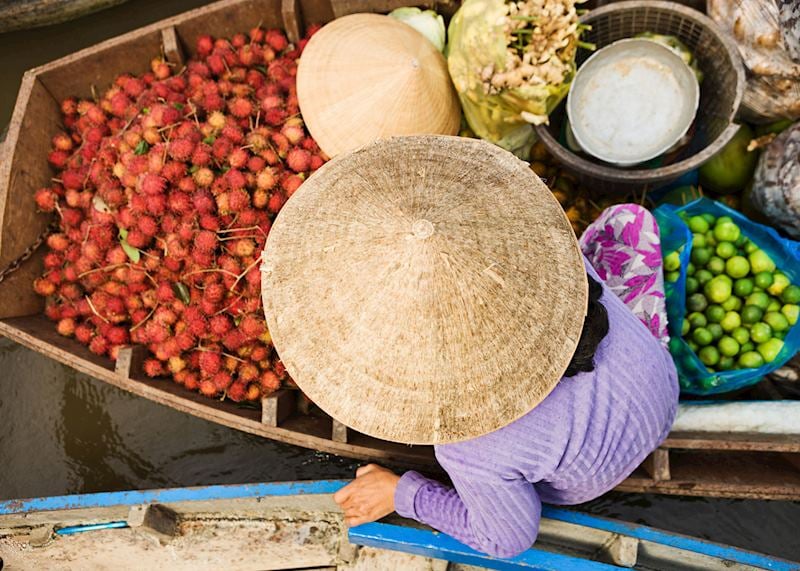 Vietnamese woman selling fruit on floating market, Mekong River