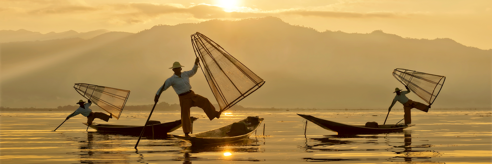Intha fishermen at dawn, Myanmar