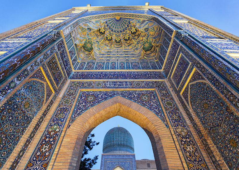 Outer gate of the Mausoleum of Tamerlane the conqueror, in Samarkand, Uzbekistan