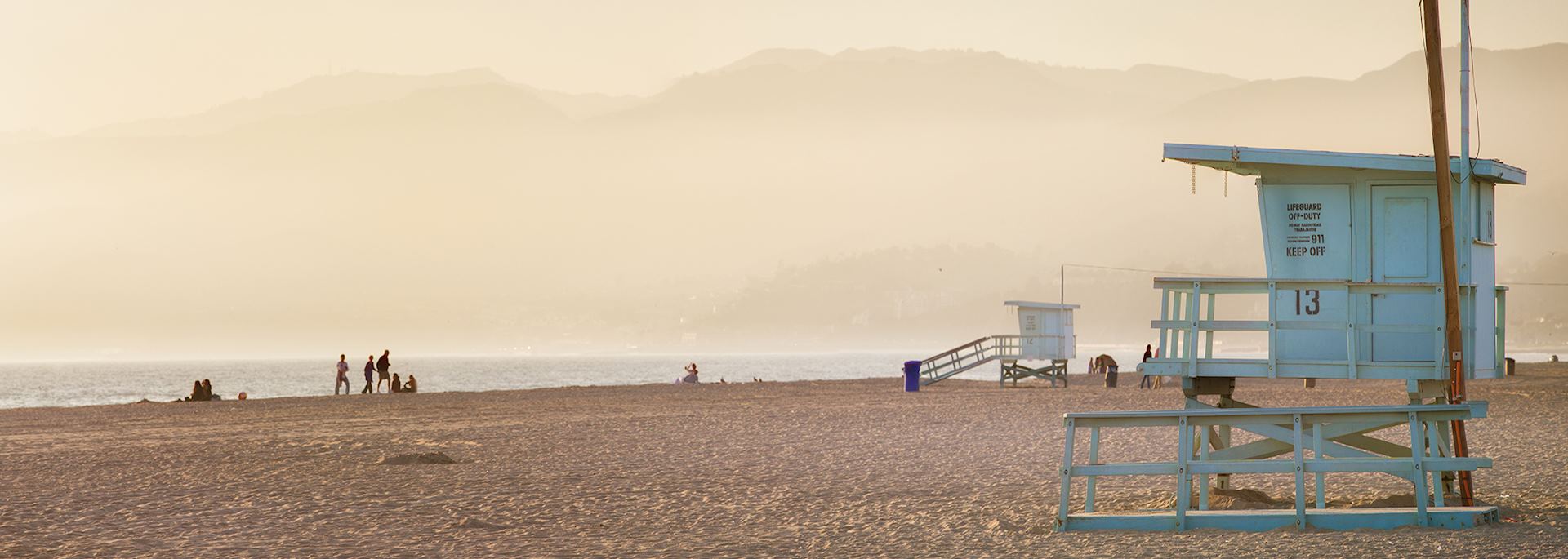 Lifeguard cabin at sunset on Santa Monica beach