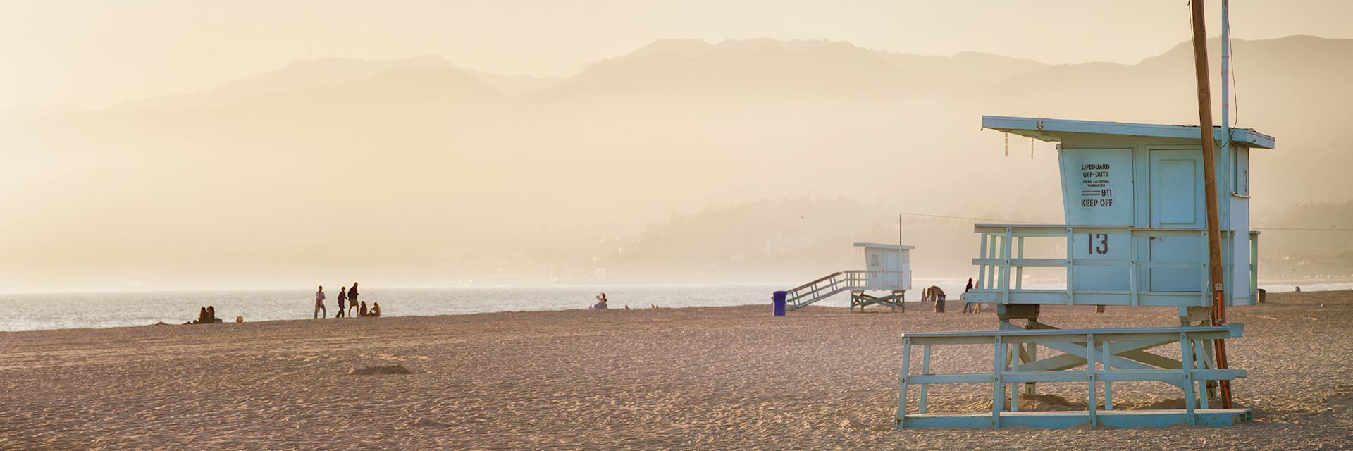 Lifeguard cabin at sunset on Santa Monica beach