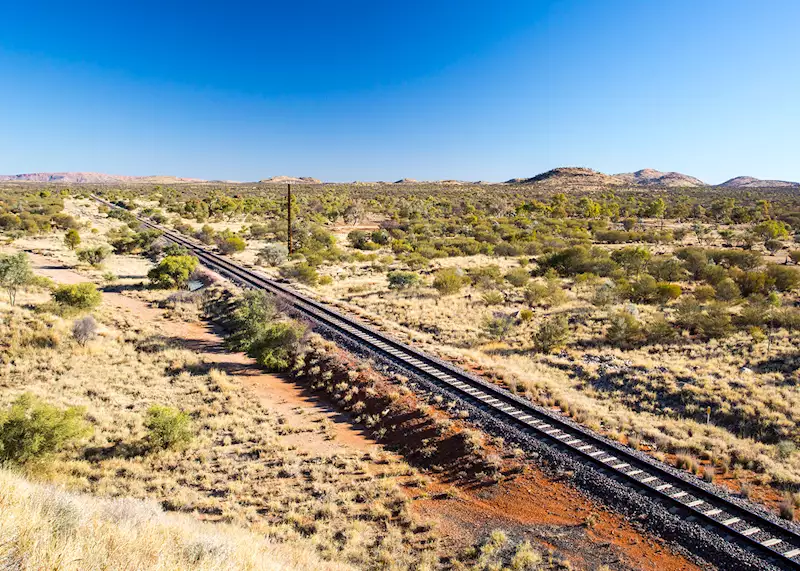 A section of the Ghan railway line running through the Outback