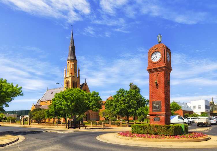 Clock tower and church in Mudgee