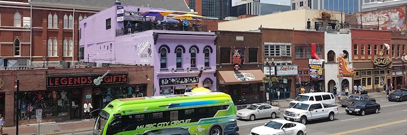 Honky-tonk bars, including Tootsie's (in purple) on Lower Broadway, Nashville