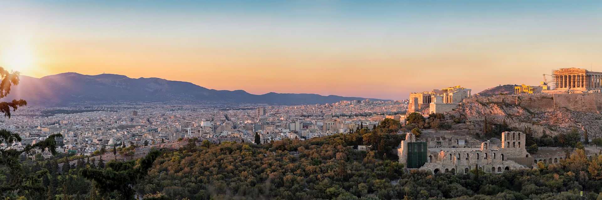 Panorama from the Parthenon and Acropolis to the skyline of Athens