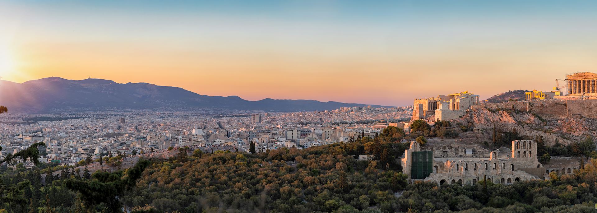 Panorama from the Parthenon and Acropolis to the skyline of Athens