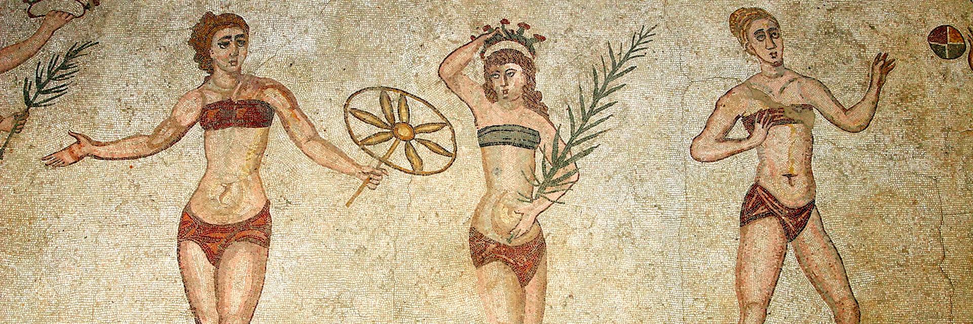 Roman mosaic of women in bikinis, Villa Romana Casale