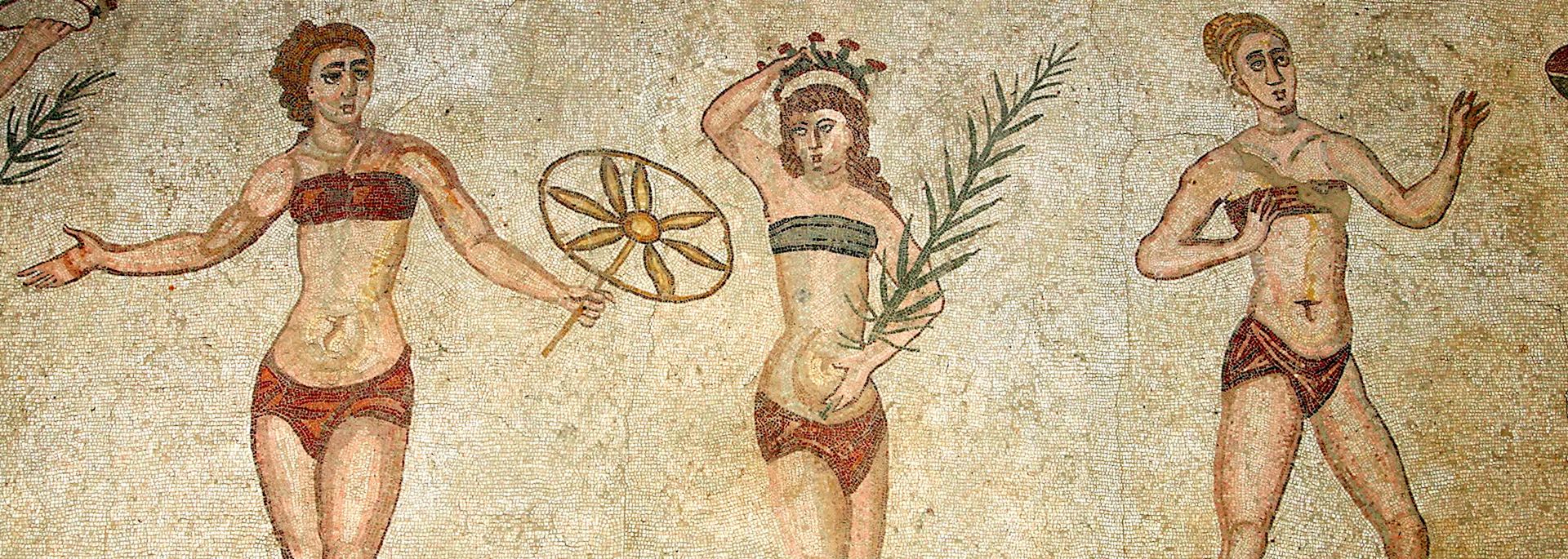 Roman mosaic of women in bikinis, Villa Romana Casale