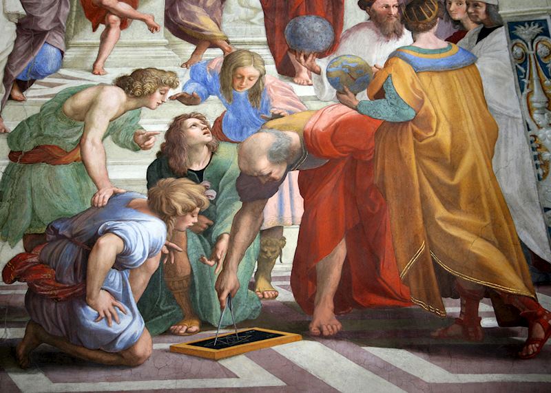 Bramante (as Euclid or Archimedes) in the School of Athens by Raphael, Stanze di Raffaello rooms of the Vatican, Rome
