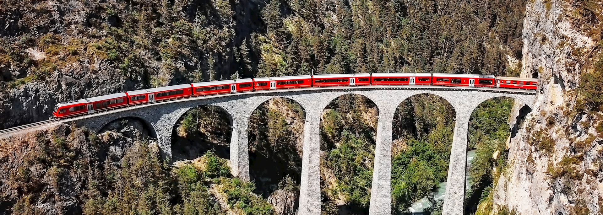 Glacier Express passing over the Landwasser Viaduct, Switzerland