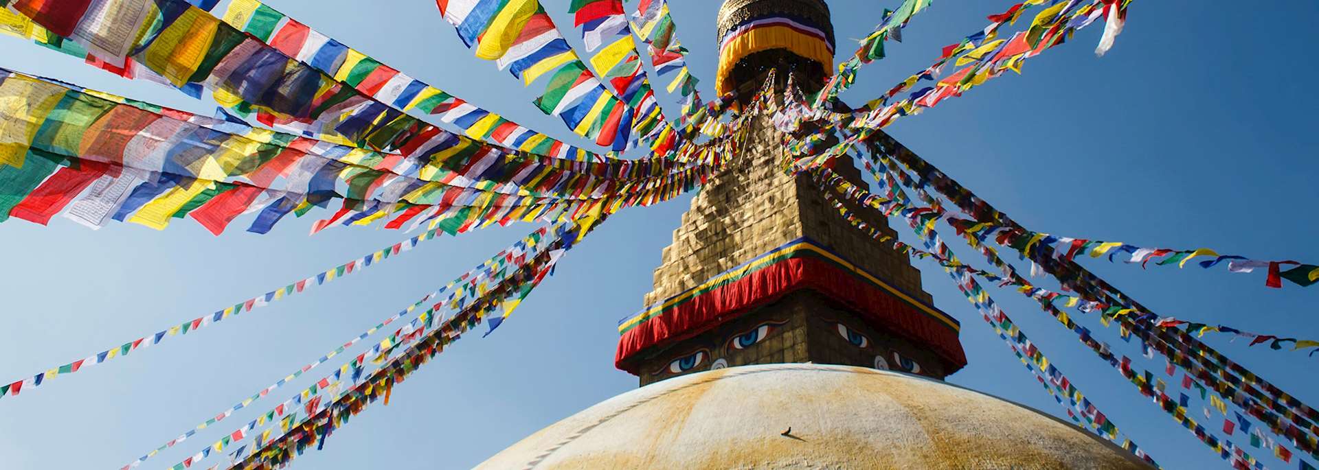 Prayer flags flying from a stupa in Kathmandu