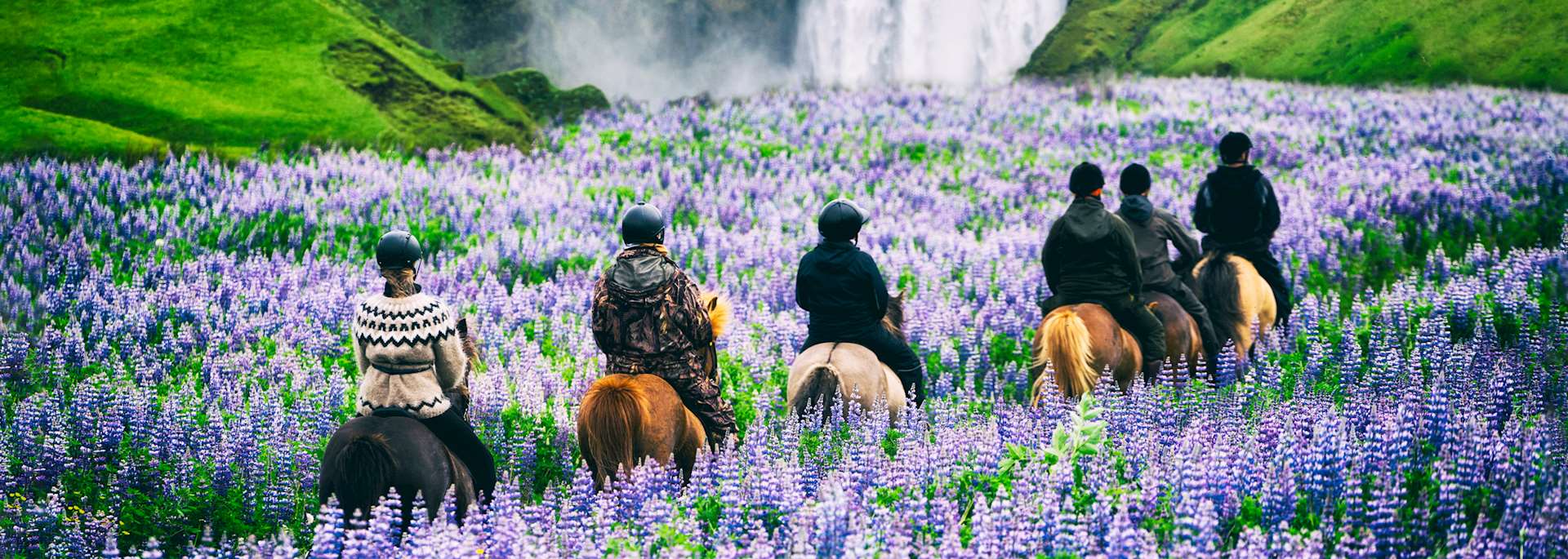 Horse riding at Skogafoss Waterfall, Iceland