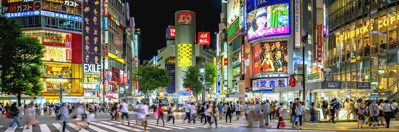 The busy crossing point by Shibuya Station, in Tokyo, Japan