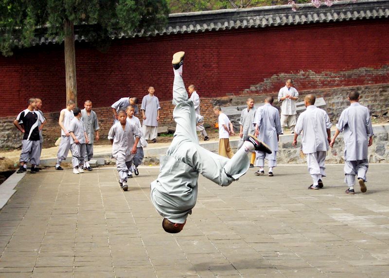 Young Shaolin monks practicing kung fu