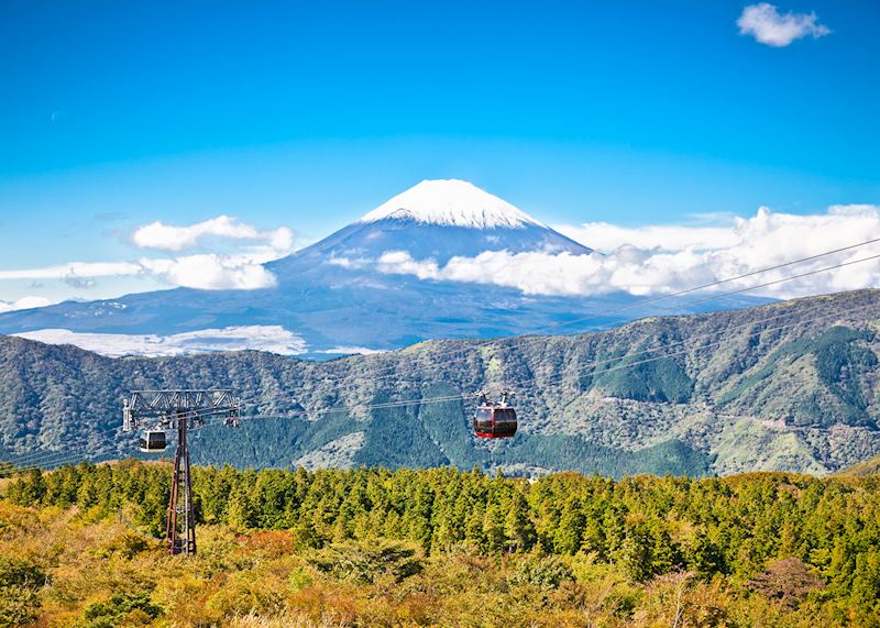 The Hakone Komagatake Ropeway, with Mount Fuji in the background