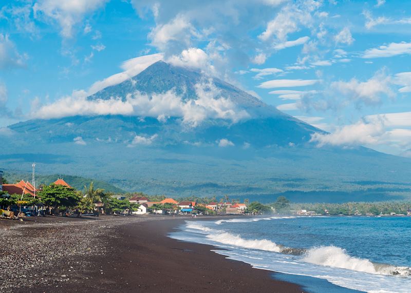 Amed beach with Mount Agung volcano in the background