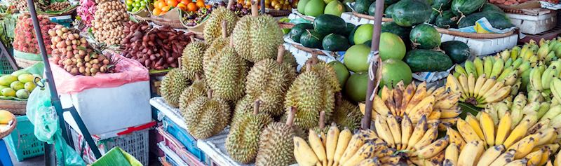 Market stall selling durian fruit