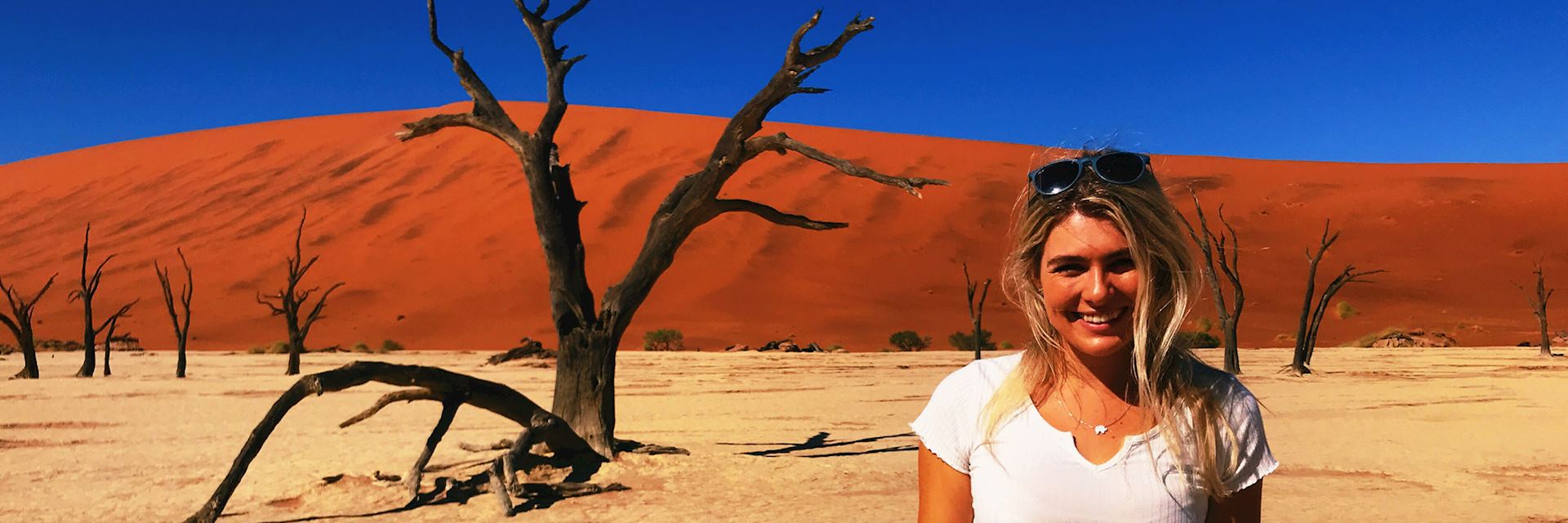Catherine visiting Dead Vlei, Namibia