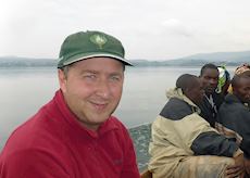 James on a boat trip, Rwanda