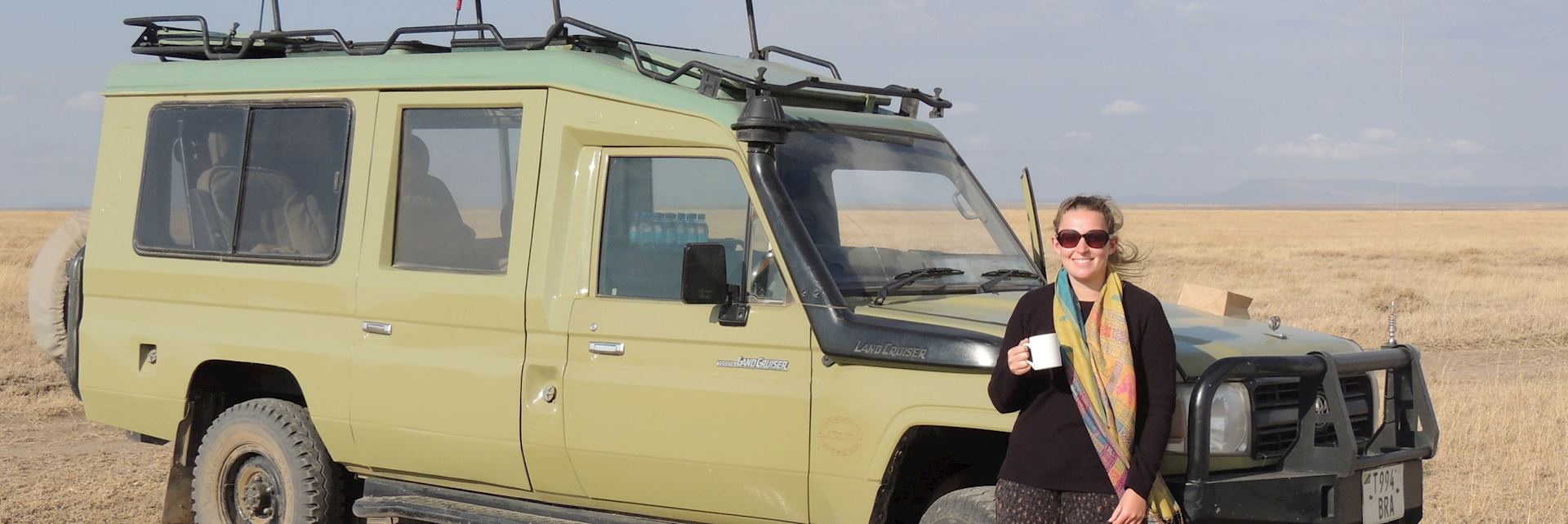 Rebecca on safari in the Serengeti, Tanzania
