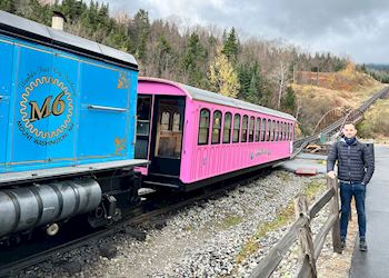 James taking the Mount Washington Cog Railway, USA
