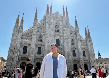 Emily outside Milan Cathedral, Italy