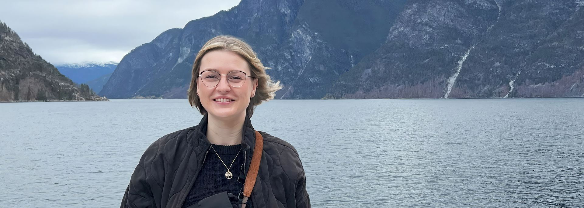 Jess taking the ferry between Flåm and Gudvangen, Norway