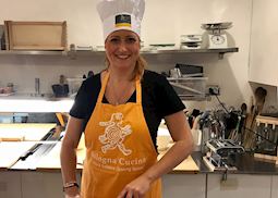 Samantha trying a cooking class in Bologna, Italy