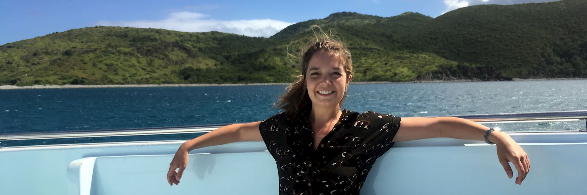 Louise on a boat transfer from Saint Kitts to Nevis