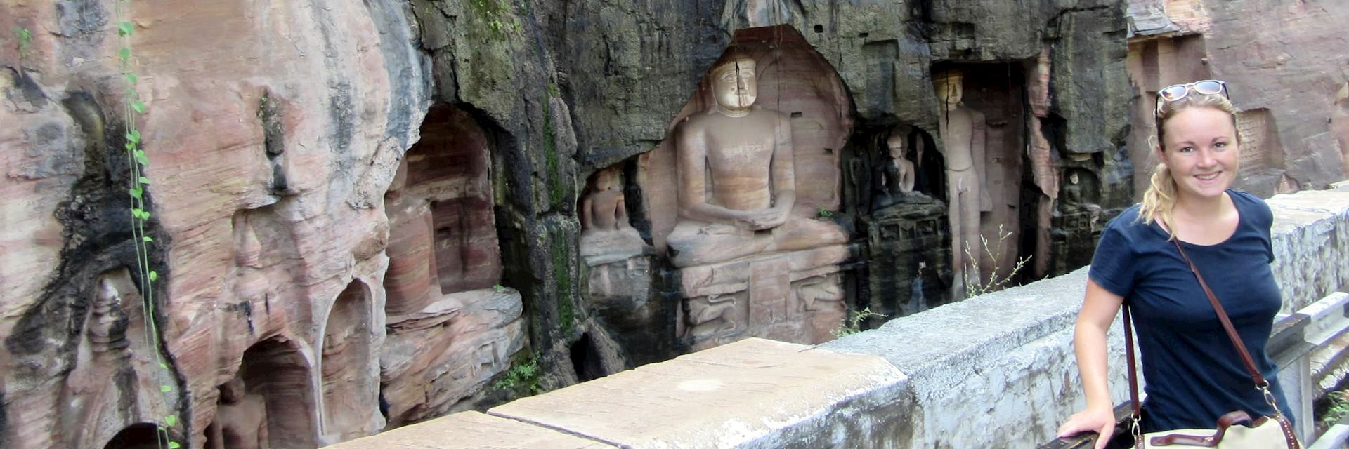 Anna with the Jain Statues in Gwalior, India