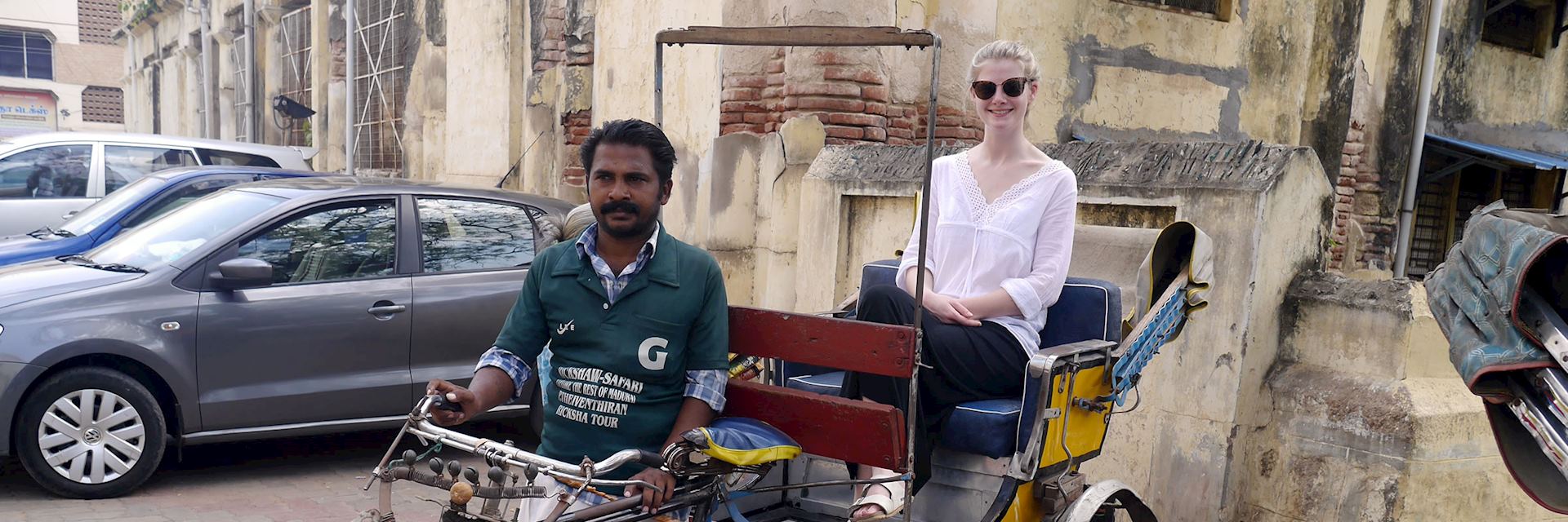 Hannah on a cycle rickshaw in Madurai