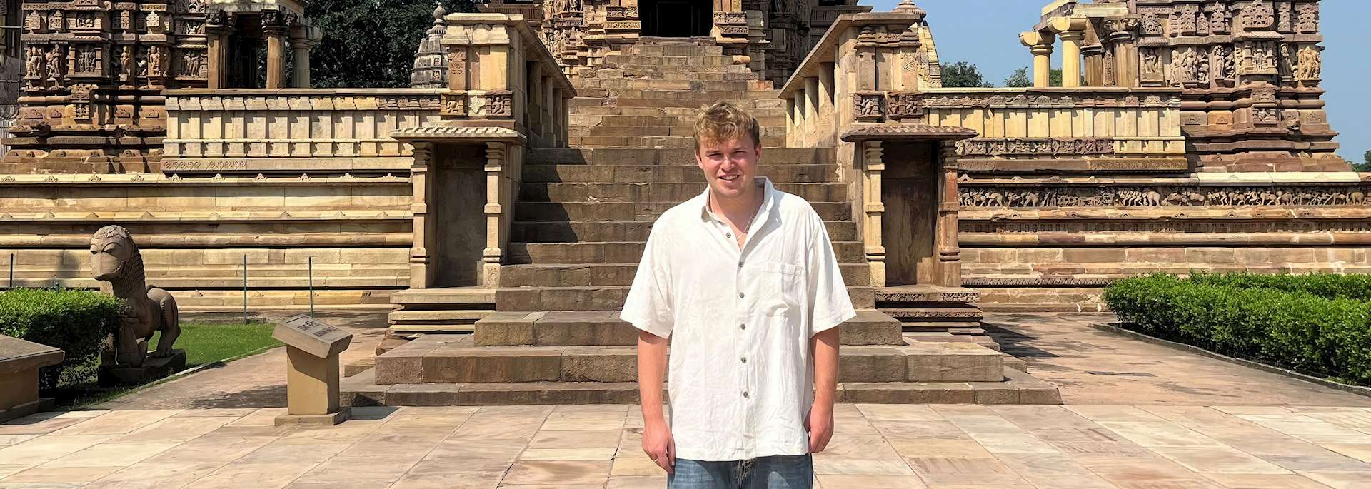 Jamie on a temple tour, Khajuraho, India