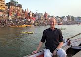 Nick floating down the Ganges in Varanasi, India