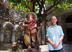 Nick with Ganesha at a temple in Pokhara, Nepal