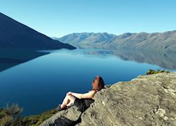 Barbara enjoying the view at Mou Waho Island, Lake Wanaka