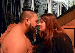 Barbara meeting Maori in the traditional way after a cultural show in Rotorua
