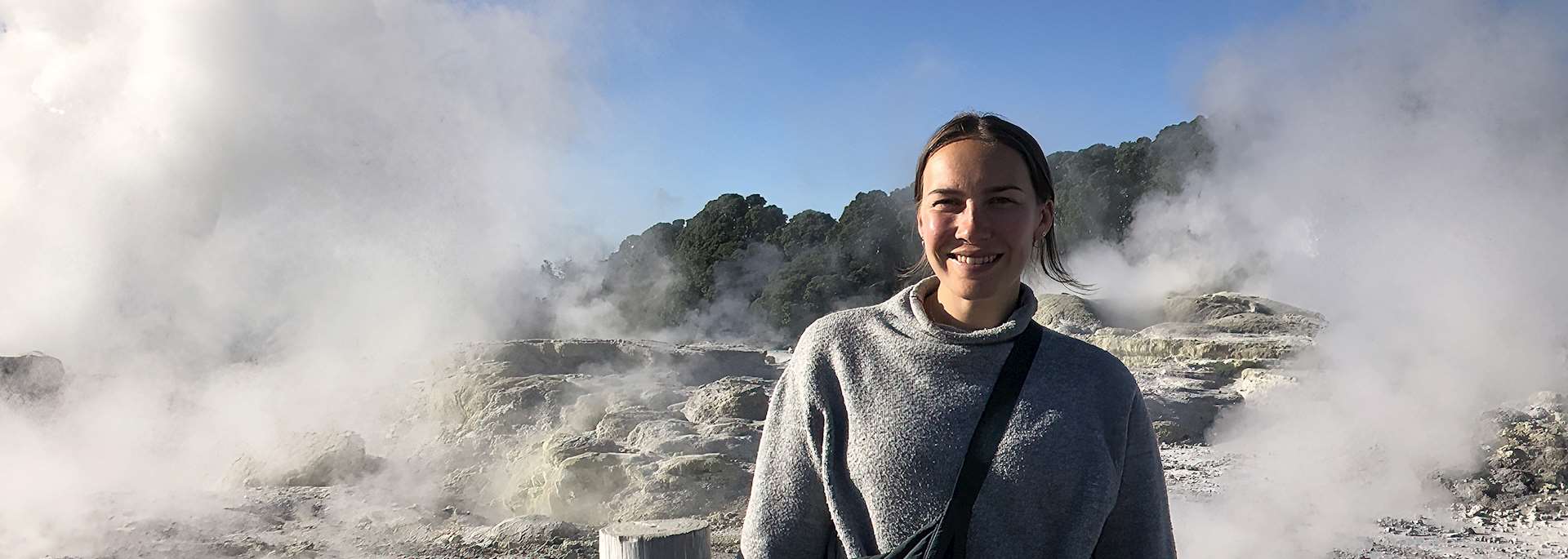 Elly visiting Te Puia geysers, Rotorua, New Zealand