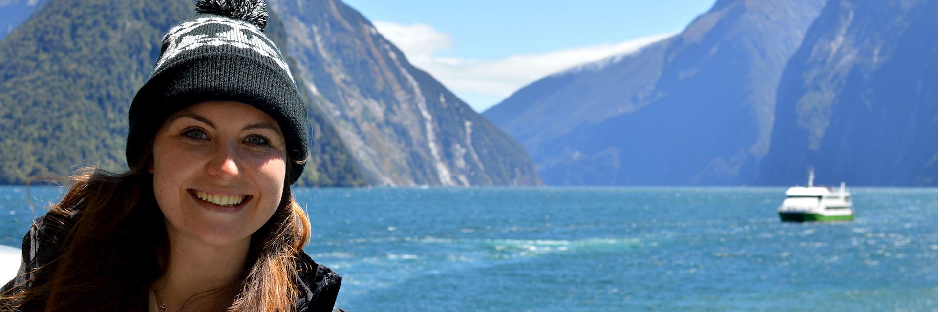 Emily visiting Mitre Peak, New Zealand