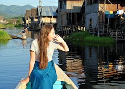 Hannah calling out to the locals in a fishing village, Inle Lake, Myanmar