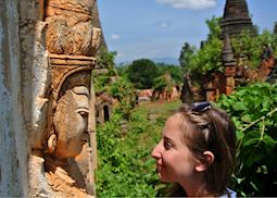 Hannah in a staring contest at the ruins of Inn Dein, Inle Lake, Myanmar