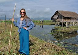 Hannah standing on a floating garden on Inle Lake, Myanmar