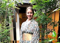 Harriet trying on a kimono, Kyoto, Japan