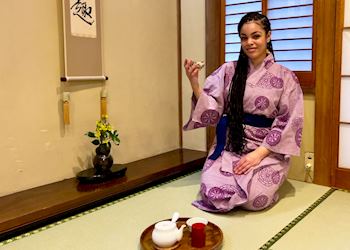 Joy staying at a ryokan, Miyajima Island, Japan