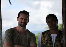 Mat with his guide trekking in search of tarsiers, Bohol, Philippines