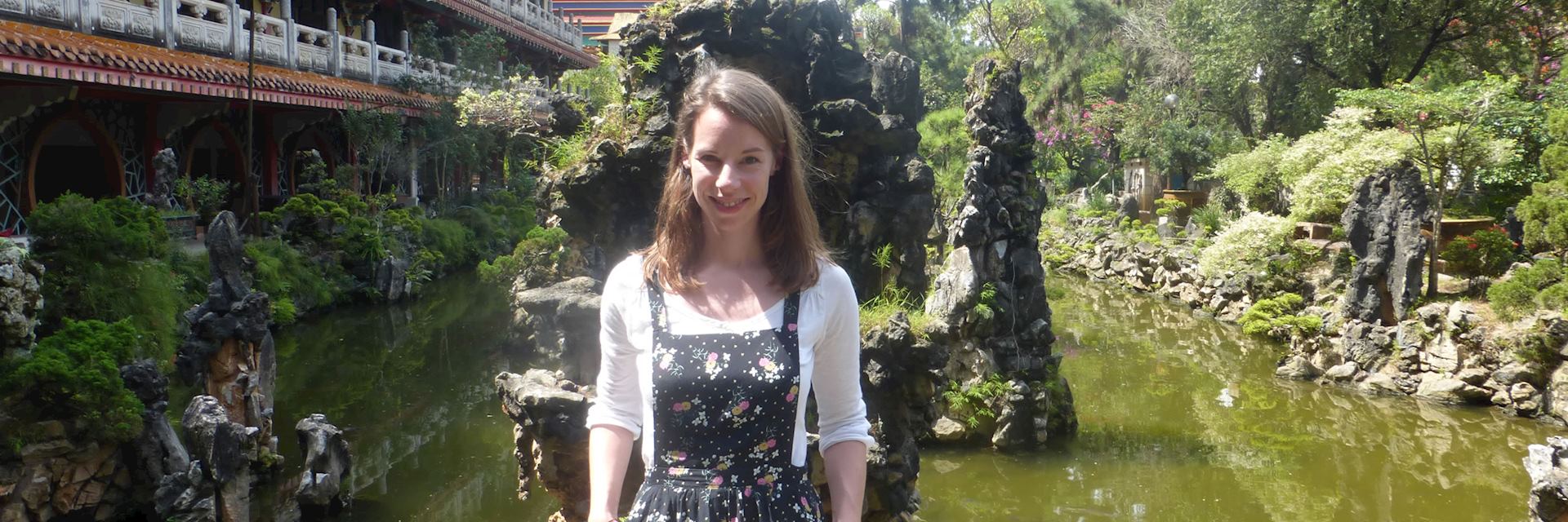 Stella outside the Sam Poh Tong Cave Temple in Ipoh, Malaysia